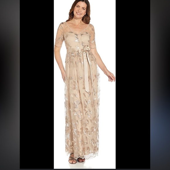 NWT Adrianna Papell Sequin Floral Embroidered Tie Waist Dress - Picture 3 of 12